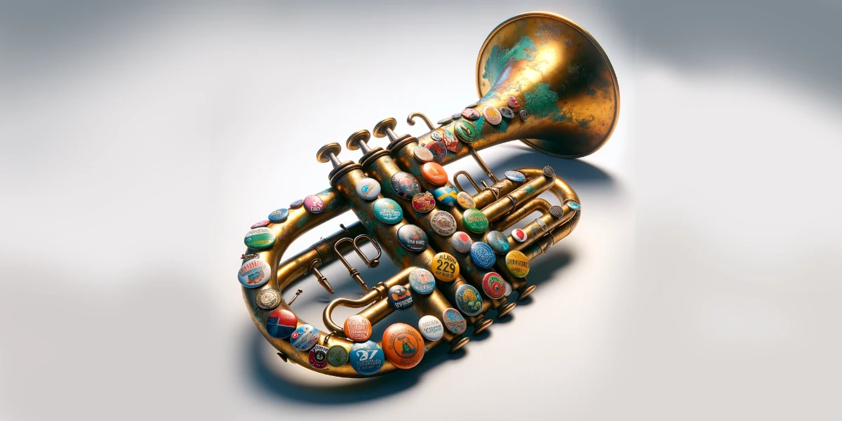aged trumpet adorned with colorful badges and pins from various music festivals around the world
