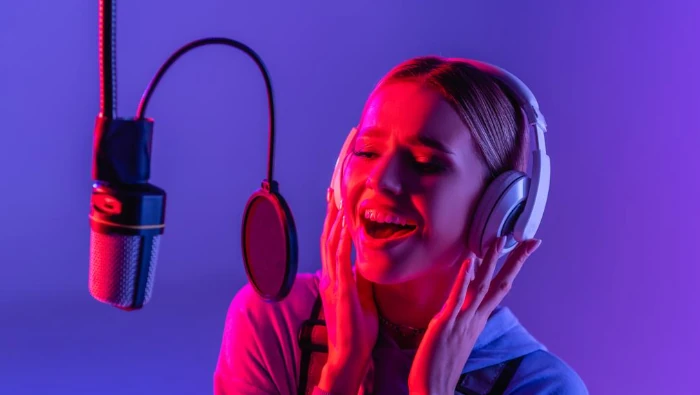 girl singing happy at home studio