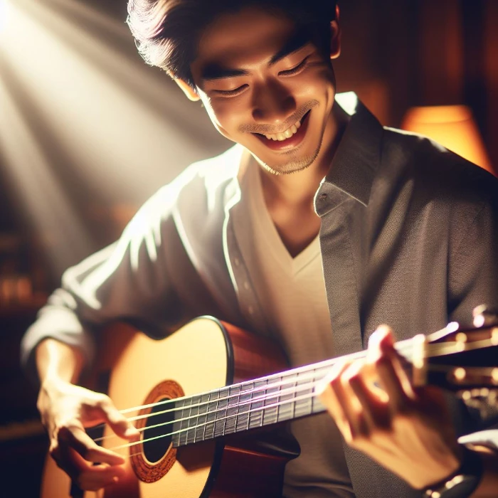 A person playing a musical instrument with a smile and a light shining behind them