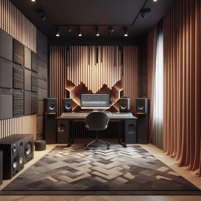 A room with acoustic panels, bass traps, and curtains