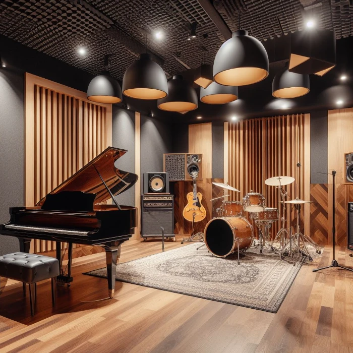 a sound acoustic room with hardwood floors
