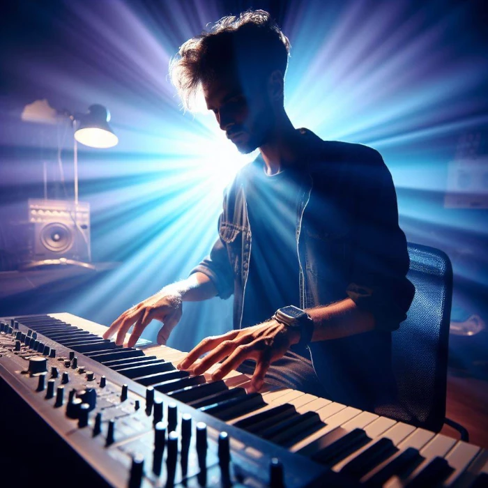 musician playing music at keyboard with some inspiration