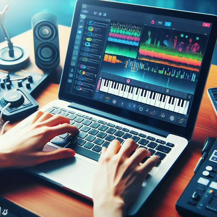 Musician using an online music production tool.
