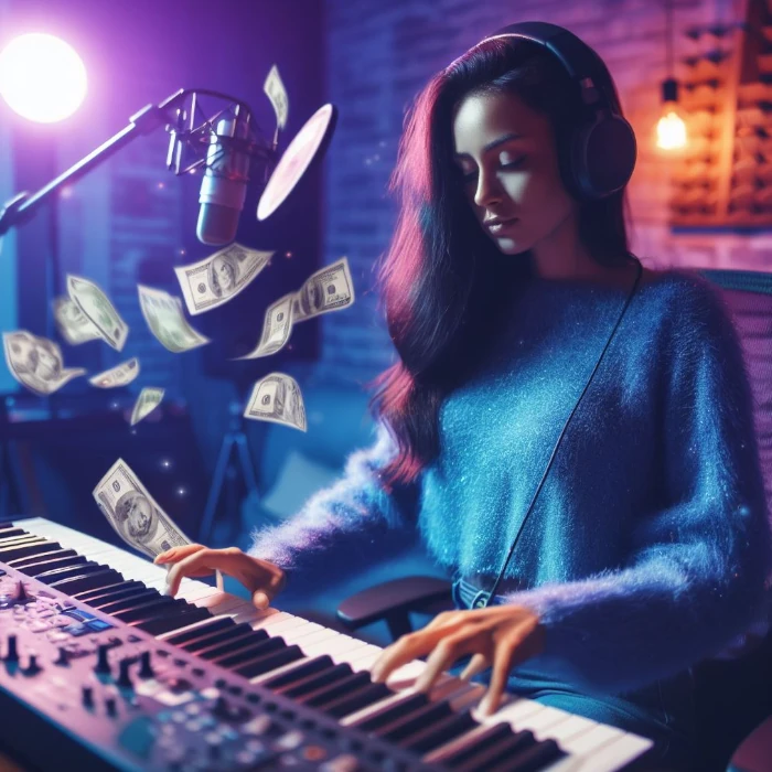 Female musician crafting a musical arrangement while earning income.