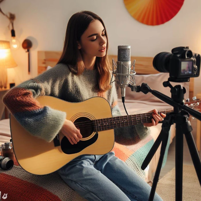 youtuber girl playing acoustic guitar in front a camera