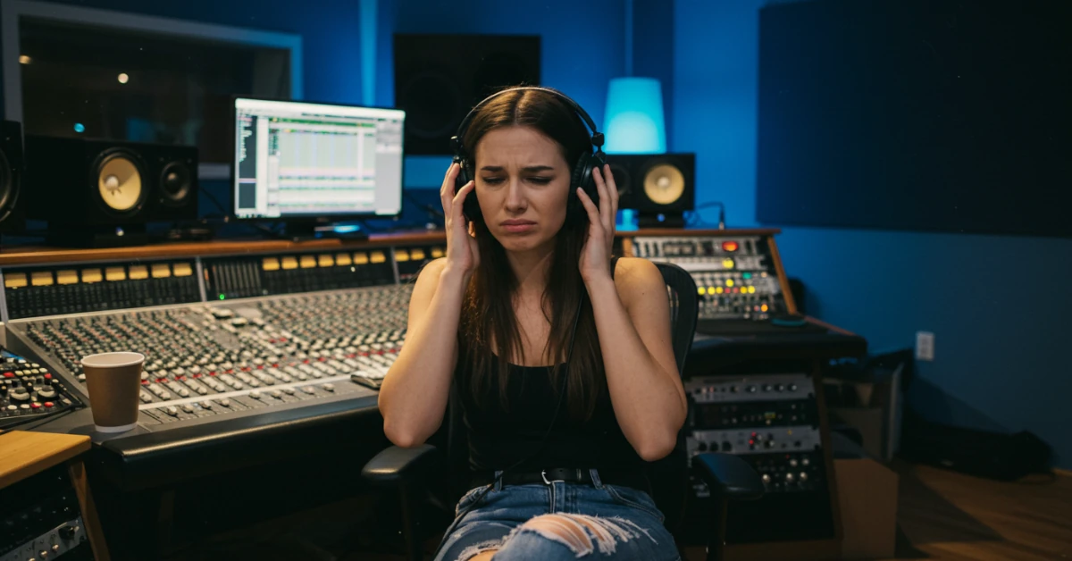 woman listening audio with ear fatigue in an audio mixing session