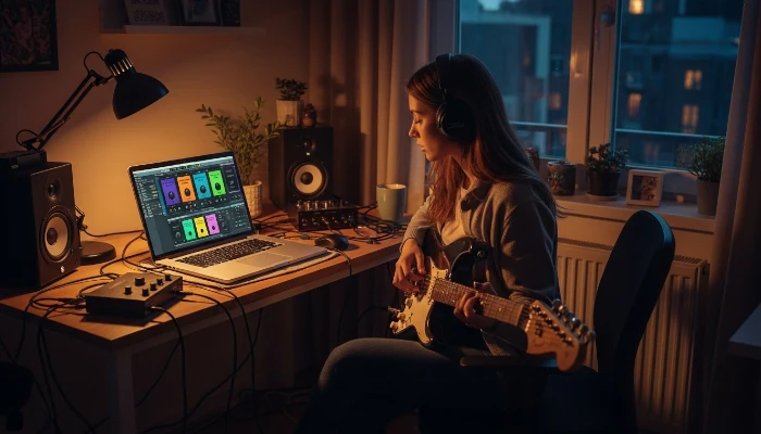 Sarah, a guitarist trying to record an album in her small apartment