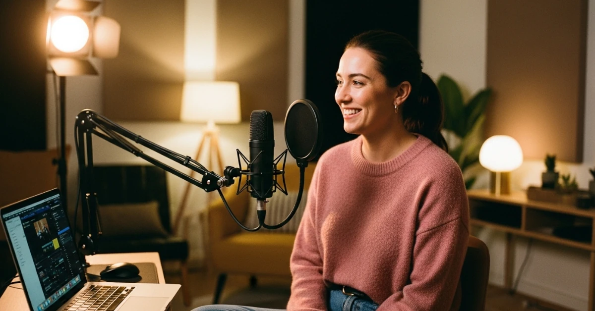 woman recording a podcast from home
