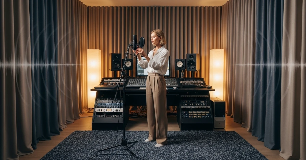 woman using curtains and rugs for effective sound absorption